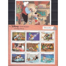 Дисней Гренада 1987, 50 лет первому цветному мультфильму, Пиноккио, комплект 1 малый лист 1 блок