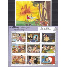 Дисней Гренада 1987, 50 лет первому цветному мультфильму, Белоснежка, комплект 1 малый лист 1 блок