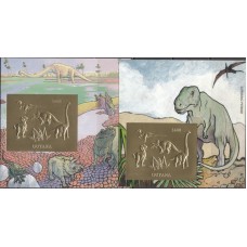Фауна Гайана 1993, Динозавры фауна Юрского периода, комплект 2 блока без зубцов ЗОЛОТО КАРТОН (редкий)
