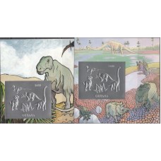 Фауна Гайана 1993, Динозавры фауна Юрского периода, комплект 2 блока без зубцов СЕРЕБРО КАРТОН (редкий)