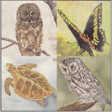 Фауна Гайана 1992, Птицы Совы бабочки черепахи, выставка GENOVA-92, блок Mi: 228 ЗОЛОТО КАРТОН
