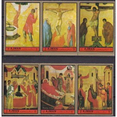 Живопись Аджман 1972, Иконопись Иисус Религия, серия 6 марок 2 сцепки по 3 марки
