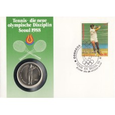 Олимпиада Андорра 1987, Сеул-88 Теннис - новая олимпийская дисциплина, конверт с маркой Парагвая Боррис Беккер и олимпийской монетой 2 андоррских динера (очень редкий)