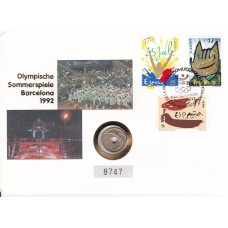 Олимпиада Испания 1991, Барселона-92 кпд 3 марки и Олимпийская монета Барселона-92(25 песет - прыжки в высоту)