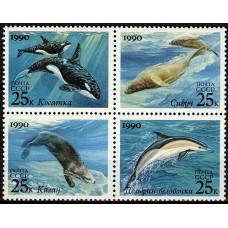 СССР 1990, Фауна Морские животные Дельфины, полная серия в квартблоке 6251-54 (Сол) совместный выпуск СССР-США