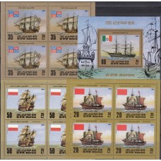 Корабли КНДР 1983, Парусники серия 3 марки в квартблоках 1 блок с зубцами (редкий)